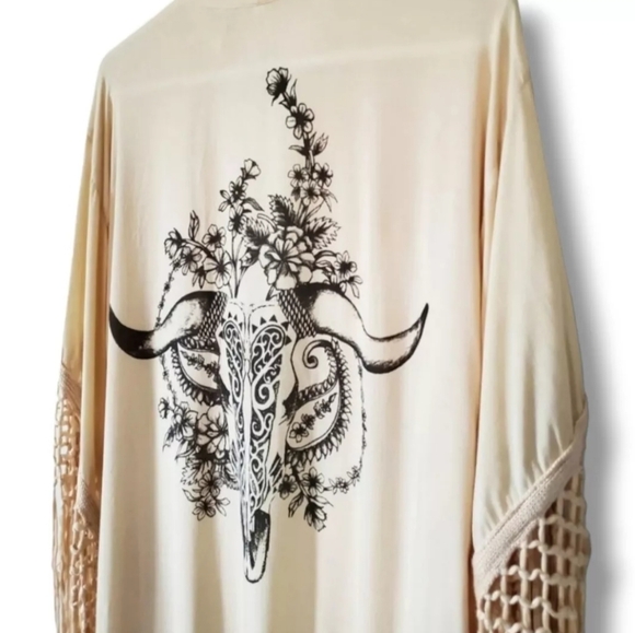 Vintage Spell Designs RARE Neutral Fringe Graphic Bohemian Kimono Coverup OS - Picture 3 of 9